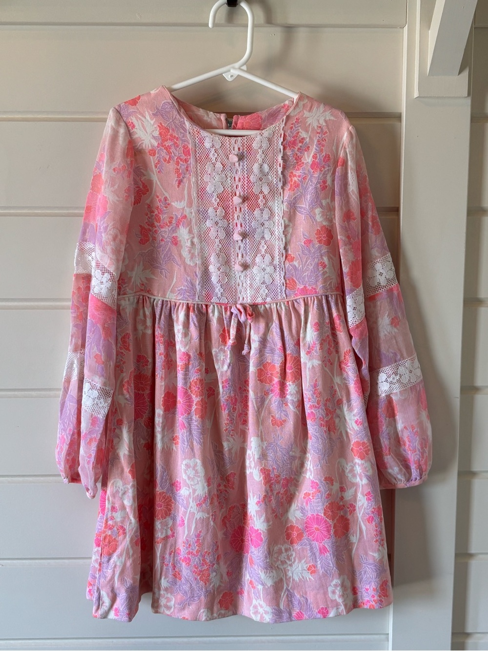 1970’s Retro Boho Carol Evans Pink Floral Lace-Trim Girls sz 10 Dress w/ sleeves